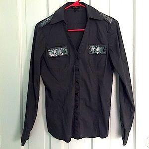 Express Grey Sequin Button Up •